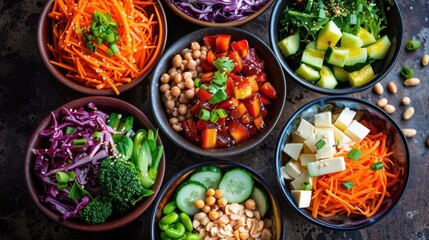 Fototapeta premium Healthy salad bowls, vibrant colors, overhead view, photography, fresh, inviting