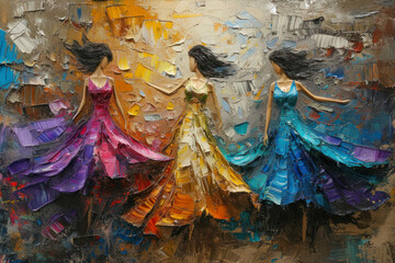 Fototapeta premium Three vibrant figures dancing in colorful dresses, showcasing the beauty of Impressionist art with a rough palette knife technique