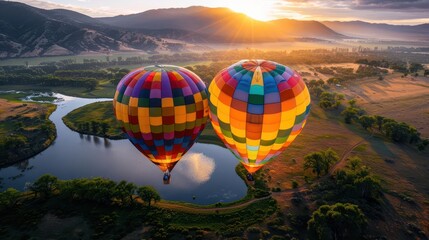 Fototapeta premium Hot air balloons over a valley, vibrant colors, photography, serene, expansive