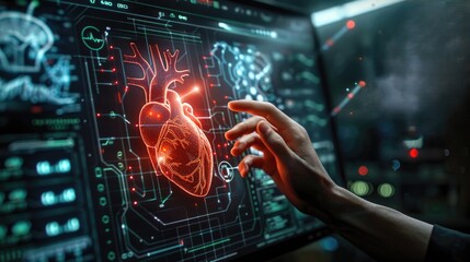 Human heart hologram user interface screen infographic, Artificial intelligence AI assistance with, Medical healthcare technology concept of doctor surgeon holding human heart, futuristic 3d rendering