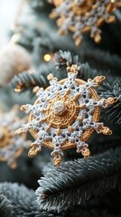 Christmas tree decorated with handmade crochet snowflake ornament