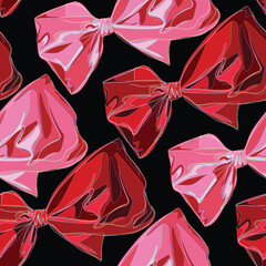 red & pink satin bow seamless pattern. Trendy design for Christmas, Valentine, Love textile, wrapping paper, womenswear, homeware, swimwear, lingerie.
