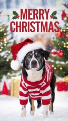 Festive Dog in Santa Hat and Sweater for Christmas