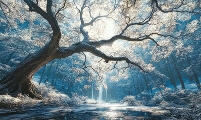 A majestic tree stands tall over a serene waterfall in a misty forest.