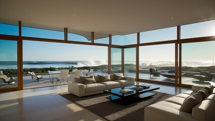 Fototapeta premium Luxury beach house living room, modern architecture