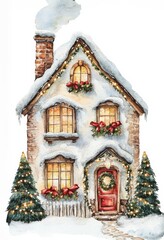 Fototapeta premium Charming winter cottage adorned with festive decorations and snow in a serene holiday setting