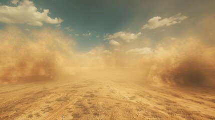 Desert landscape with swirling dust and sandy terrain under a dramatic sky Dunes in motion create a dynamic and intense atmosphere in the arid environment