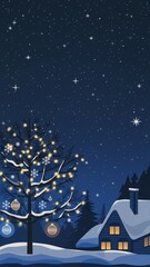 Naklejka premium Winter Night Scene with Tree and Cozy Cottage