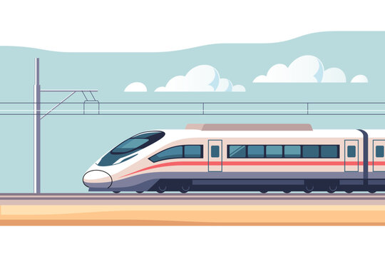 Modern high speed aerodynamic passenger electric train on rail. Vector illustration in minimalistic style.