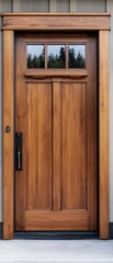 Elegant wooden door with windows, set against a neutral background.