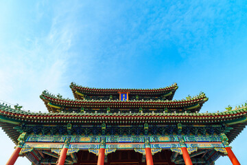 Fototapeta premium Closeup photo of Wanchun Pavilion, the major building of Jingshan Park, Beijing, which is located on the top of a small mountain