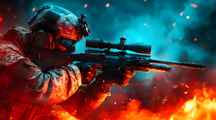Soldier aiming a sniper rifle amidst a fiery background.