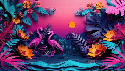 Fototapeta premium Paper cut-out illustrations, vibrant colors, layered textures, digital art, playful