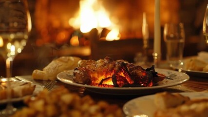 Plates of delicious food and glasses of white wine are set on a table with a roaring fire in a fireplace in the background