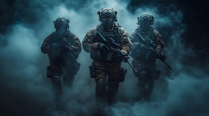 Soldiers advancing through smoke with tactical gear and weapons.