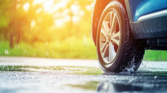 Side view of a car tire rolling over a puddle on wet pavement, as soft rain falls during a glowing sunset in the city.