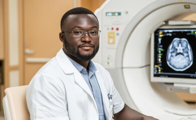 Doctor in a lab coat, smiling in a medical office with imaging equipment.
