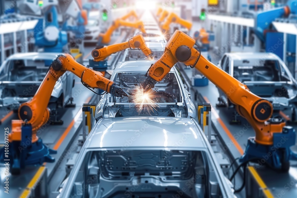 Fototapete Robotic arms carry out precise tasks on a car assembly line, enhancing efficiency and ensuring quality in manufacturing processes. Generative AI
