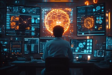 Scientist analyzing complex data on screens in a futuristic lab for space research