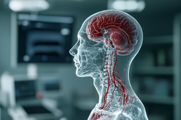 Transparent human head showing anatomy and brain structure on medical background.
