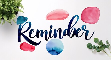 reminder calligraphy lettering with watercolor shapes design abstract on plain white background