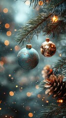 Christmas tree branch covered in snow with glowing lights at night