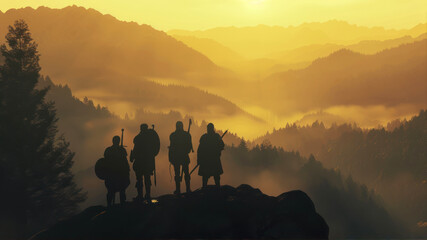 Silhouette of four medieval adventurers overlooking a breathtaking mountainous landscape at sunset