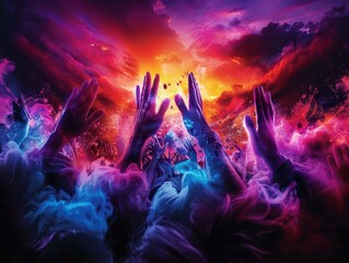 Rock concert crowd, vibrant colors, photography, dynamic, energetic