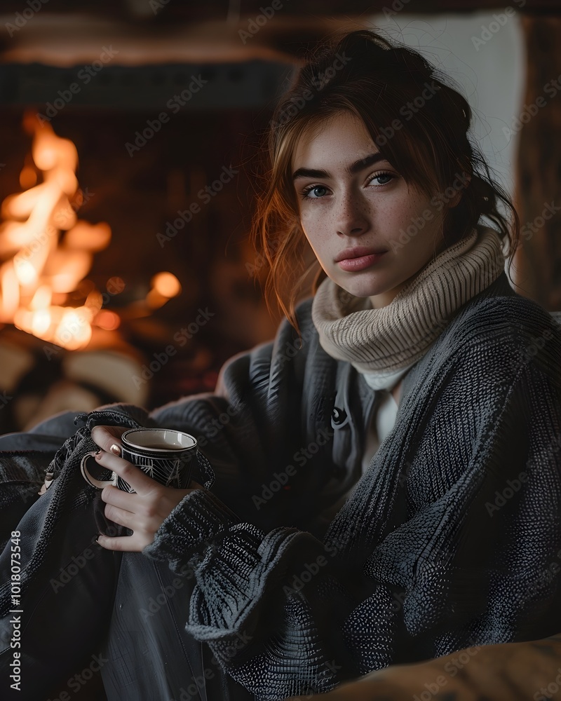 Poster Woman in Casual Attire Sitting by Cozy Fireplace with Cup of Tea Pensive Expression