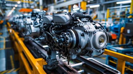 Obraz premium Close-Up of Industrial Automotive Engine Assembly Line in Modern Factory