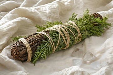 Close-up of a handcrafted smudge stick for the winter solstice with pine, cedar, and rosemary