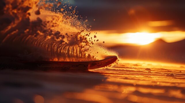 Sandboarding down sand dunes, warm tones, photography, dynamic, adventurous