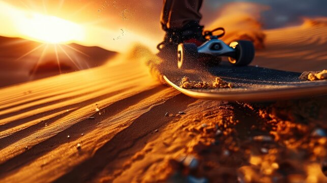 Sandboarding down sand dunes, warm tones, photography, dynamic, adventurous