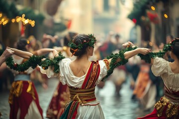 Group of Romans celebrating Saturnalia by dancing with linked arms in the streets