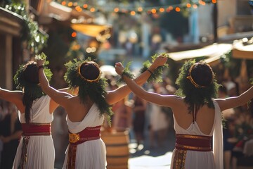 Group of Romans celebrating Saturnalia by dancing with linked arms in the streets