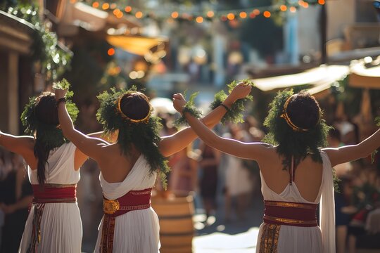 Group of Romans celebrating Saturnalia by dancing with linked arms in the streets