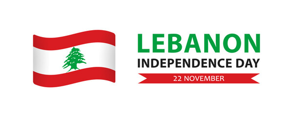 Lebanon Independence Day, simple minimalist web banner design. Text Lebanon Independence Day, 22 november and Lebanese flag isolated on white background.
