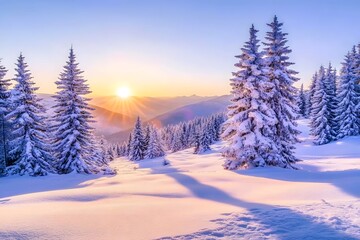 Serene winter solstice landscape with snow-covered pine trees and soft twilight glow