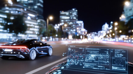 Fototapeta premium Futuristic Car with Advanced Technology Displaying Digital Information on a Night Drive