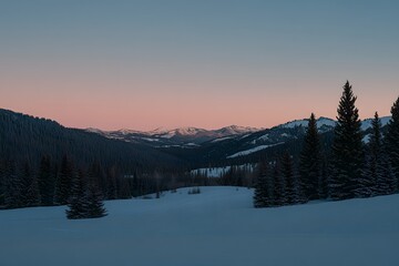 Serene winter solstice landscape with snow-covered pine trees and soft twilight glow