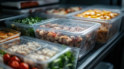 Freshly prepared meal containers organized in a fridge, showcasing a variety of ingredients and vibrant colors for meal prep.
