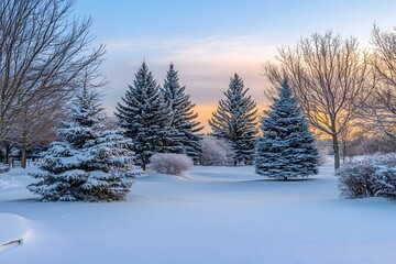Serene winter solstice landscape with snow-covered trees and soft blue twilight sky