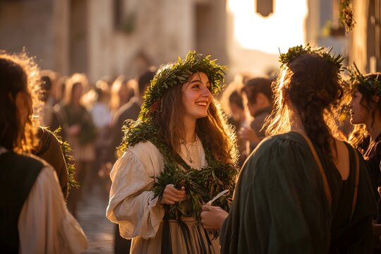 Roman citizens dancing energetically in a festive Saturnalia procession with wreaths and gifts