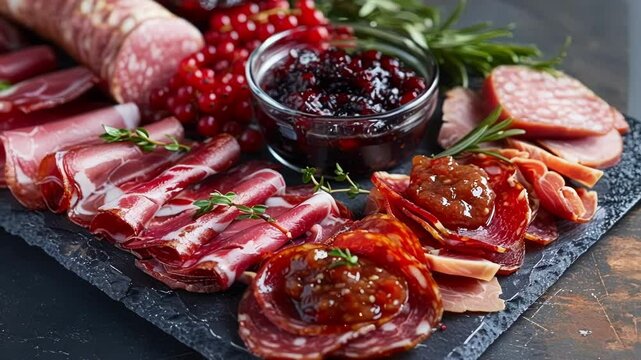 Charcuterie board with cured meats, herbs, chutney, and red currants on a dark slate