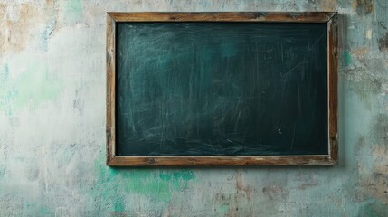 Blackboard with green background in school room and wooden frame, with white space on the board for writing or drawing on white wall background