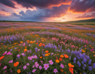 Colorful wild flowers against a cloudy sunset sky