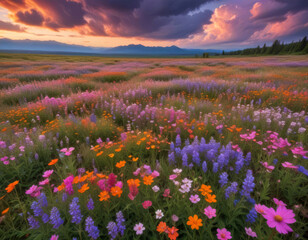 Fototapeta premium Colorful wild flowers against a cloudy sunset sky
