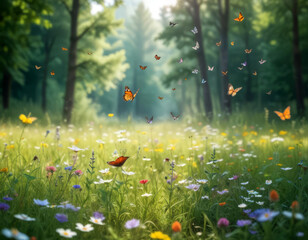 Fototapeta premium Meadow with wild flowers and butterflies surrounded by forest