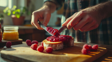 A man is cutting raspberries on a wooden cutting board