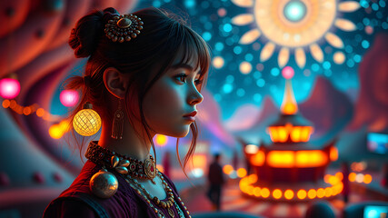 Asian woman spiritual at night 
